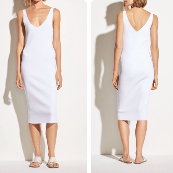 Vince Rib Double V Neck Dress Optic White sz Small Ribbed Midi fitted Minimalist - Picture 1 of 14